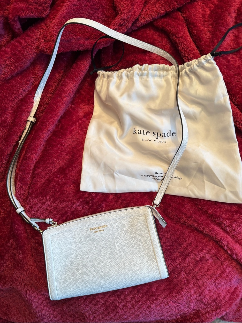 kate spade White Pebble Leather Crossbody Bag with Gold Logo and storage bag